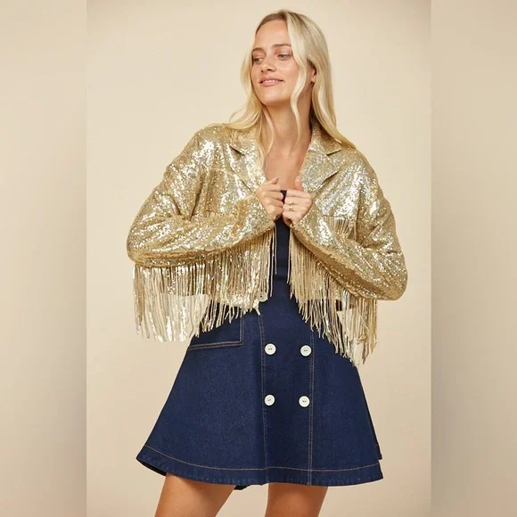 62B. Fringe Sequin Crop Jacket - Gold